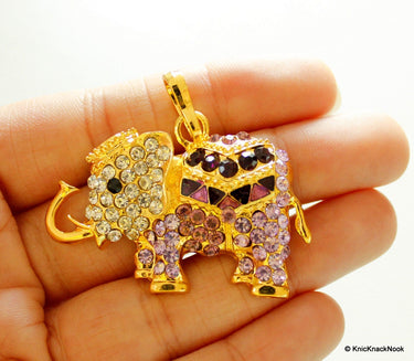 Gold Tone Black, Purple And Clear Rhinestones Pendant, Elephant Pendant